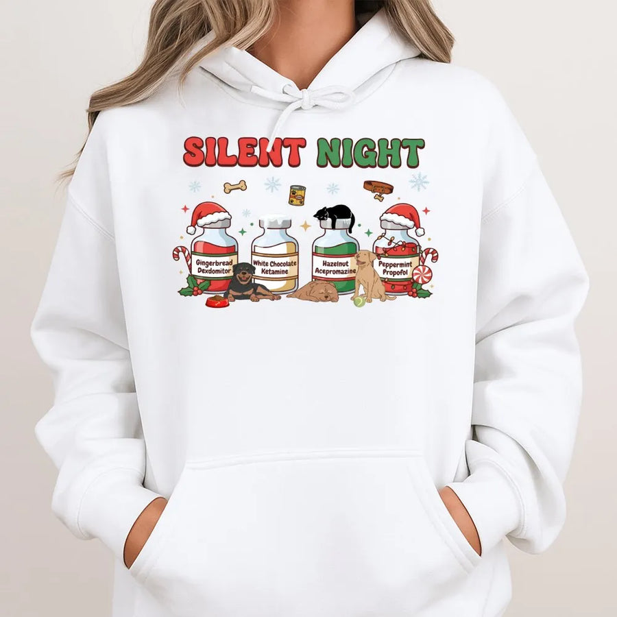 Silent Night Vet Med Hoodie | Funny Veterinary Christmas Graphic | Premium Cotton Blend | Perfect Gift for Veterinarians, Vet Techs & Students