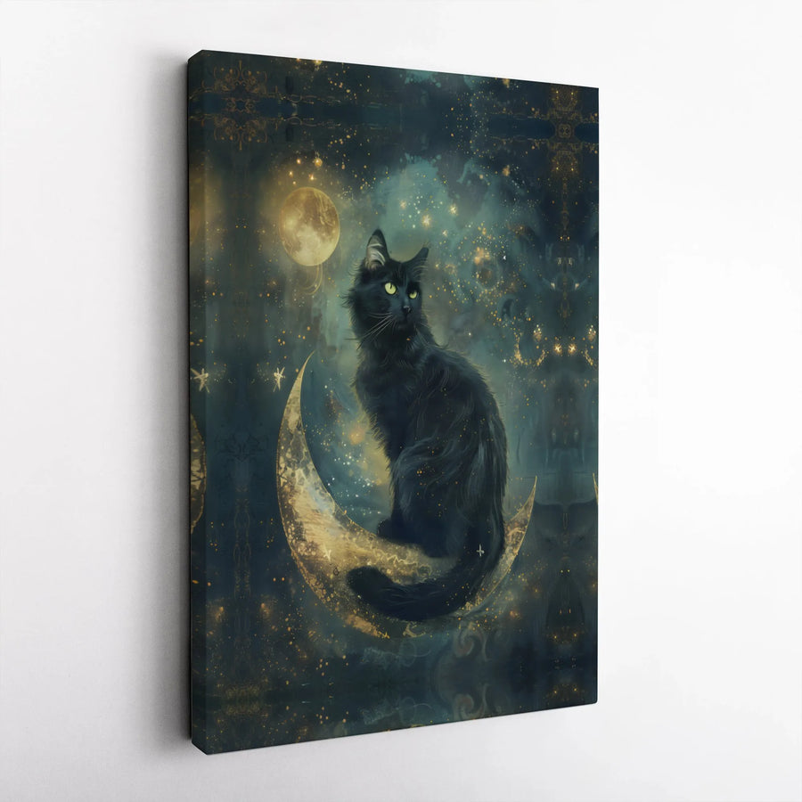 Black Cat Wall Art | Celestial Crescent Moon Galaxy Print | Premium Gallery Wrap Canvas | Whimsical Witchy Home Decor Gift