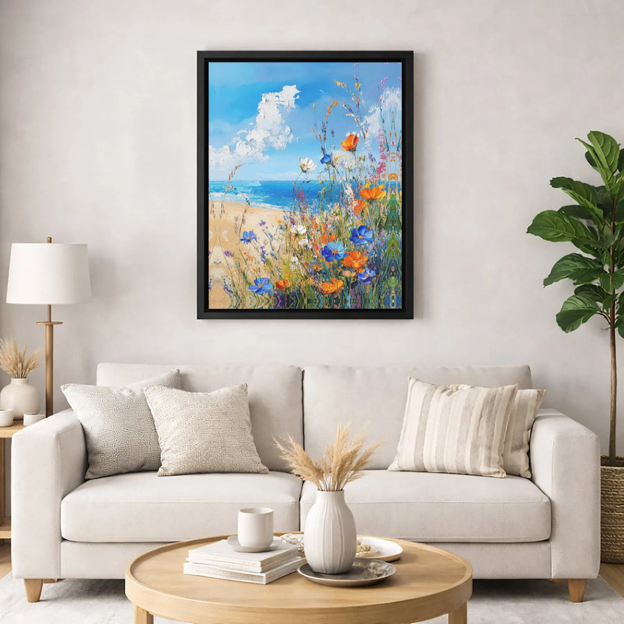 Coastal Wildflowers Canvas Wall Art | Textured Impasto Beach Landscape | Premium Fade-Resistant Print | Elegant Home Decor Gift
