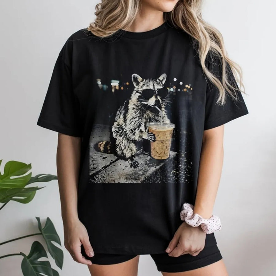 Raccoon Coffee T-Shirt | Funny Animal Wearing Sunglasses Graphic | Premium Soft Cotton Tee | Unique Gift for Coffee Lovers & Animal Enthusiasts