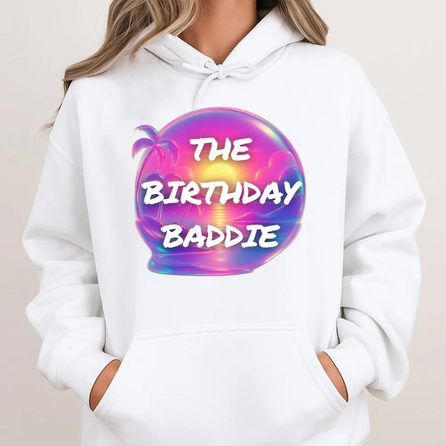 Birthday Baddie Hoodie | Vaporwave Retro Sunset Palm Tree Graphic | Premium Cotton Blend | Gift For Her Birthday Celebration