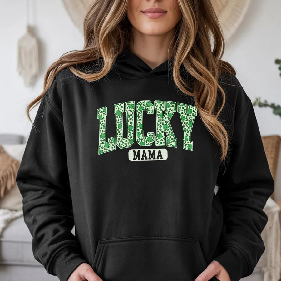 Lucky Mama Hoodie | St Patrick's Day Shamrock Leopard Print | Premium Cotton Blend | Gift For Mom Holiday Outfit