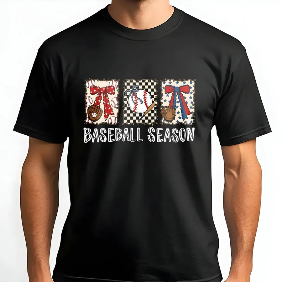 Baseball Season T-Shirt | Retro Patriotic Bow Graphic Pullover | Soft Cotton Blend | Game Day Apparel Gift for Softball Mom