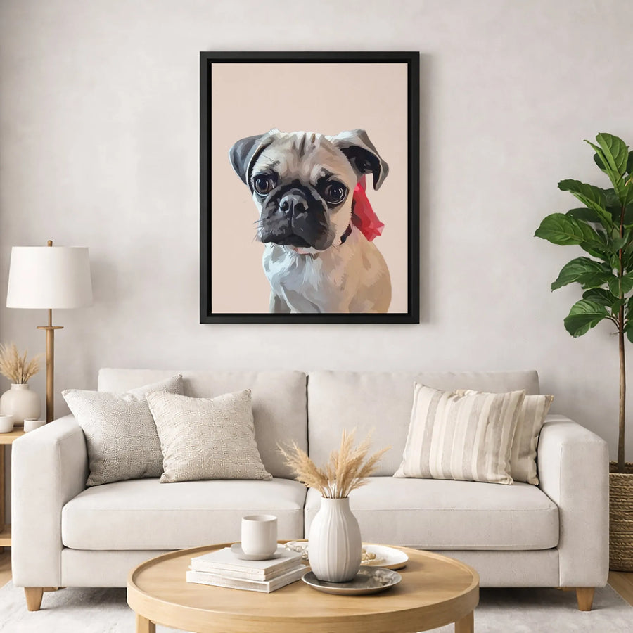 Pug Dog Portrait Canvas Wall Art | Painterly Puppy With Red Bow | Premium 1.25-Inch Gallery Wrap | Cute Pet Decor Gift for Dog Lovers