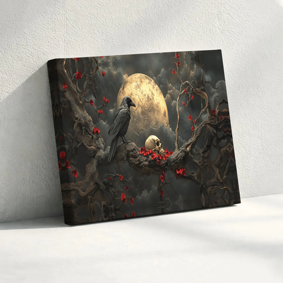Gothic Raven Skull Canvas Art | Dark Academia Full Moon Wall Decor | Premium Fade-Resistant Gallery Print | Spooky Witchy Home Gift