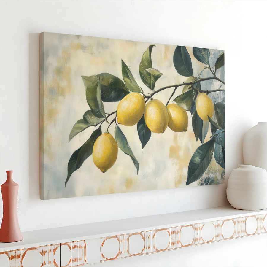 Lemon Branch Canvas Wall Art | Vintage Tuscan Fruit Painting Print | Premium Gallery Wrap Canvas | Farmhouse Kitchen Decor Gift