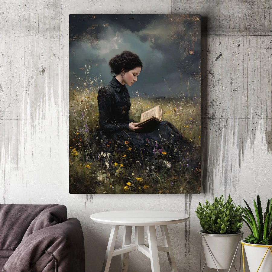 Moody Victorian Woman Reading Canvas Wall Art | Dark Academia Floral Oil Painting Print | Premium 1.25" Gallery Wrap | Gift for Book Lovers