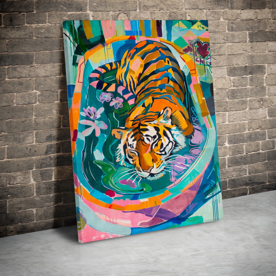 Abstract Tiger Vertical Canvas | Vibrant Jungle Cat Painting | Premium Gallery Wrapped Print | Modern Living Room Decor Gift