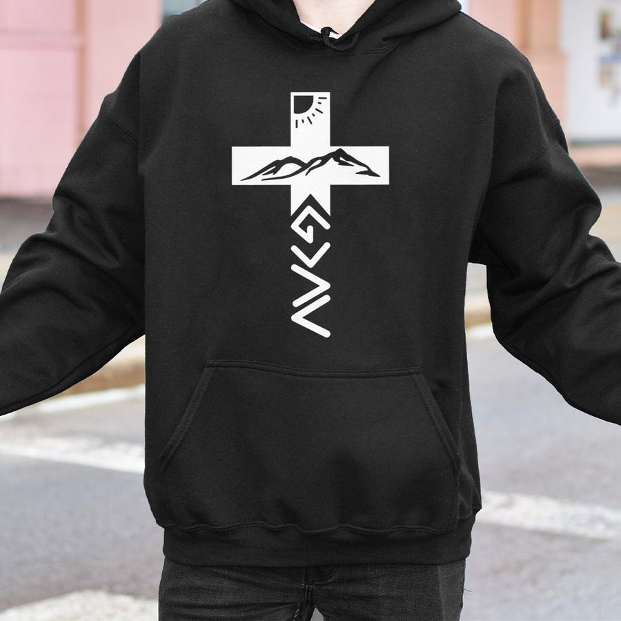 God Is Greater Than The Highs And Lows Hoodie | Christian Mountain Cross Graphic | Premium Cotton Blend | Faith-Based Religious Gift For Believers