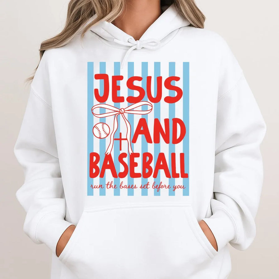 Jesus and Baseball Hoodie | Faith Based Sports Graphic | Premium Cotton Blend Apparel | Religious Gift for Baseball Fans