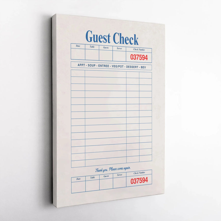 Guest Check Canvas Wall Art | Vintage Diner Receipt Print | Premium 1.25-inch Thick Gallery Wrap | Unique Retro Kitchen Decor for Foodies