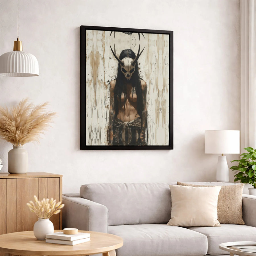 Gothic Skull Mask Canvas Wall Art | Dark Surreal Tattooed Woman Portrait | Premium 1.25 Inch Gallery Wrap | Edgy Home Decor Gift for Horror Fans