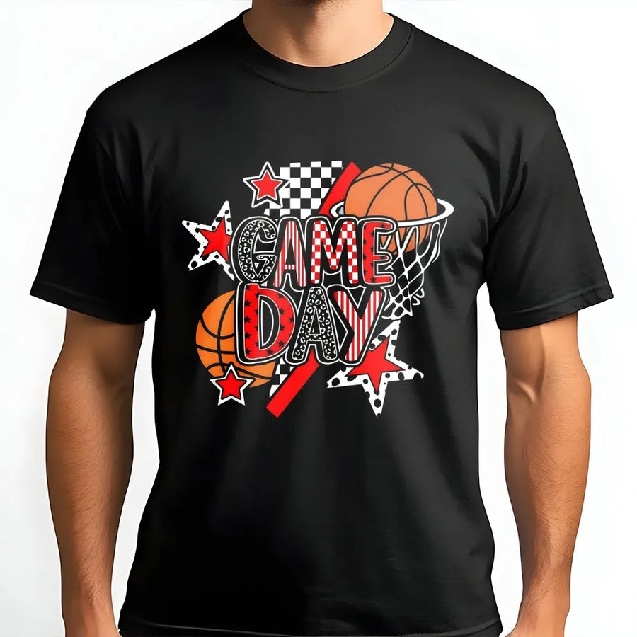 Game Day Basketball T-Shirt | Distressed Red & Black Sports Graphic | Premium Cotton Unisex Tee | Gift for Basketball Mom & Fan