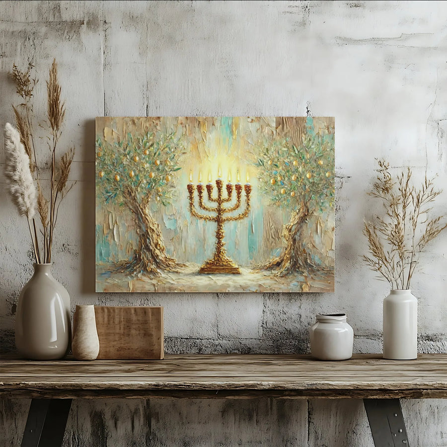 Menorah Canvas Wall Art | Impasto Oil Painting Style | Premium Gallery Wrap | Hanukkah Home Decor Gift for Jewish Living Room