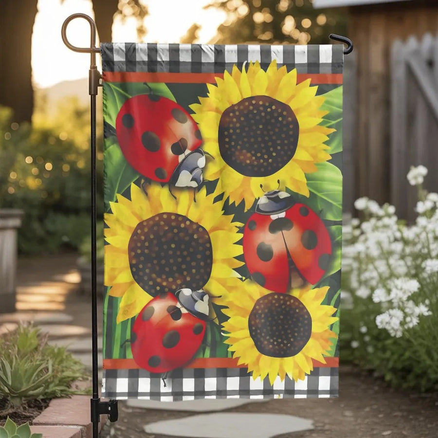 Sunflower and Ladybug Garden Flag | Double-Sided Buffalo Plaid Border | Weather-Resistant Polyester | Summer Welcome Yard Decor Gift