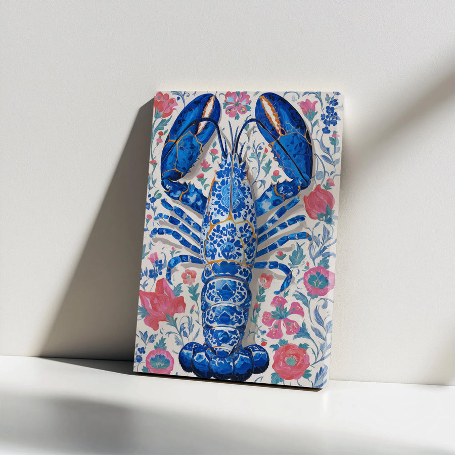 Blue Lobster Canvas Wall Art | Chinoiserie Floral Print | Premium Gallery Wrapped Canvas | Unique Kitchen & Dining Room Decor