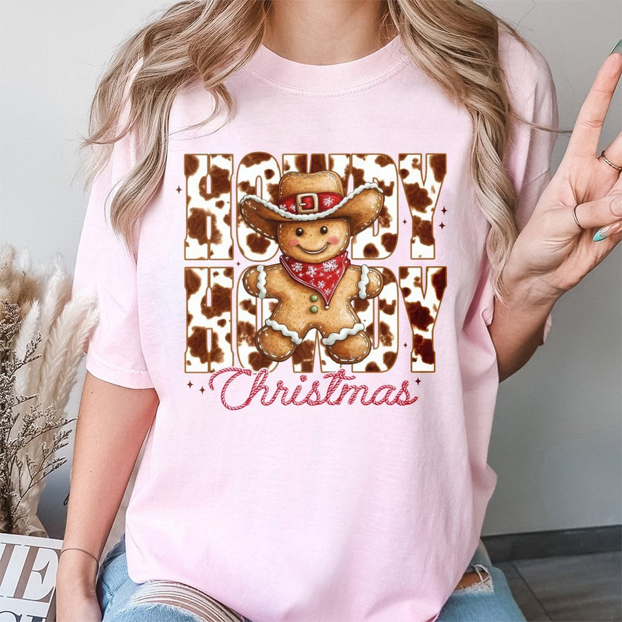 Howdy Christmas T-Shirt | Cow Print Gingerbread Man Graphic | 100% Cotton Premium Tee | Retro Western Holiday Gift For Women And Men