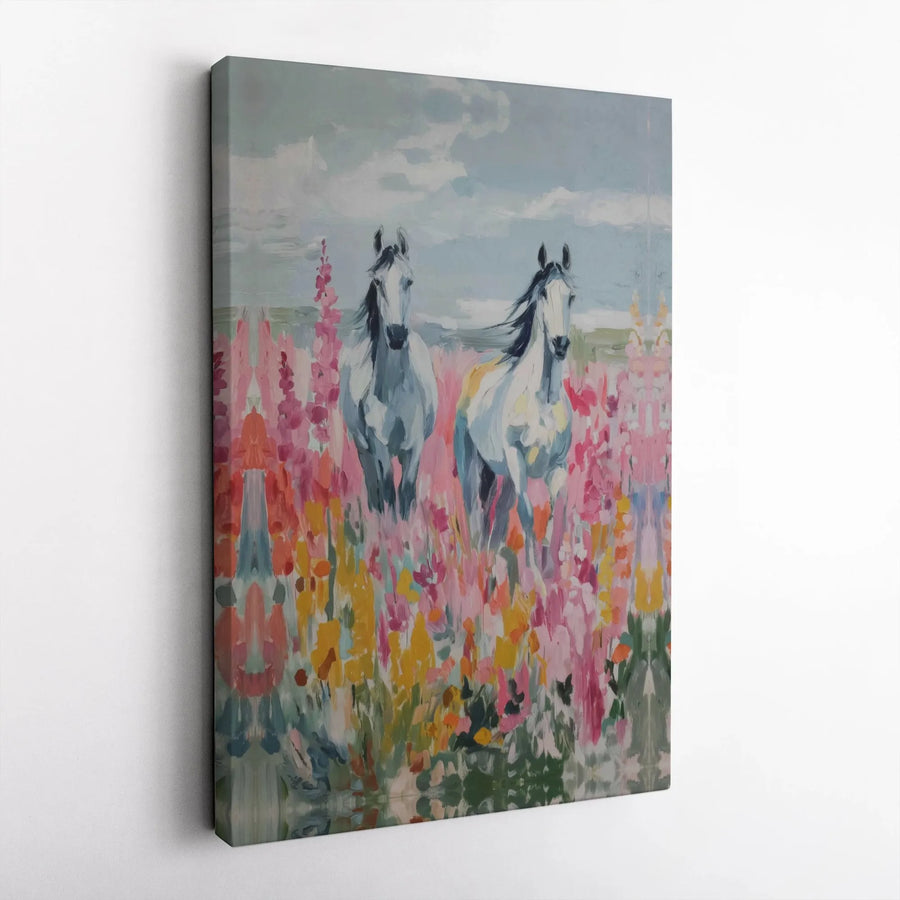 Horse Wall Art Canvas | Two Running Horses in Floral Meadow | Premium Gallery Wrap Print | Western Country Home Decor Gift