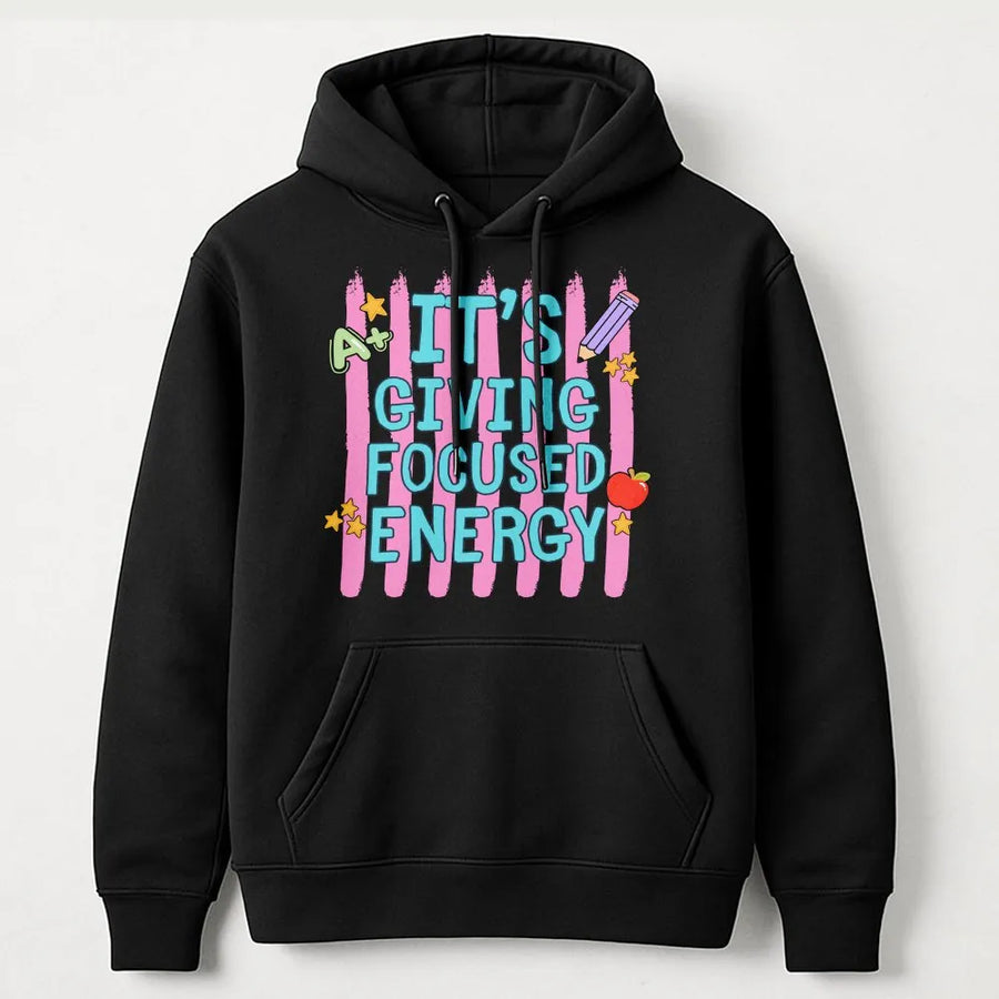 Funny Teacher Hoodie | It's Giving Focused Energy Retro Graphic | Premium Cotton Blend | Back to School Gift for Educators
