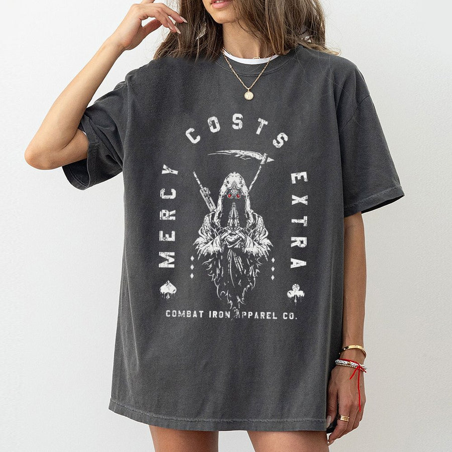 Mercy Costs Extra Grim Reaper T-Shirt | Tactical Military Style Graphic | Premium 100% Cotton | Dark Humor Gift for Men and Veterans