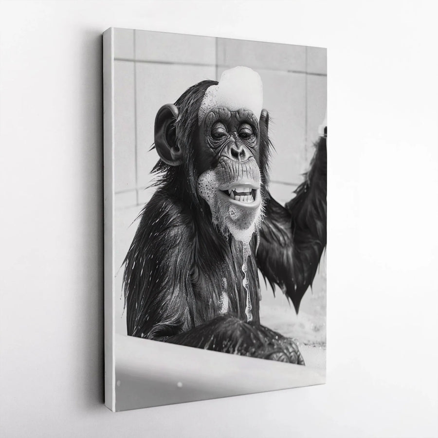 Funny Chimpanzee Canvas Wall Art | Bubble Bath Monkey Photography | Premium Gallery Wrap Print | Whimsical Bathroom Home Decor