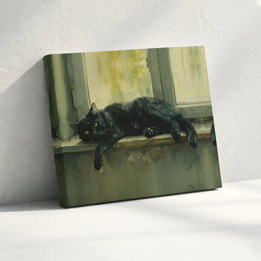 Black Cat Wall Art | Moody Impressionist Windowsill Oil Painting | Premium Gallery-Wrapped Canvas | Aesthetic Home Decor Gift For Cat Lovers