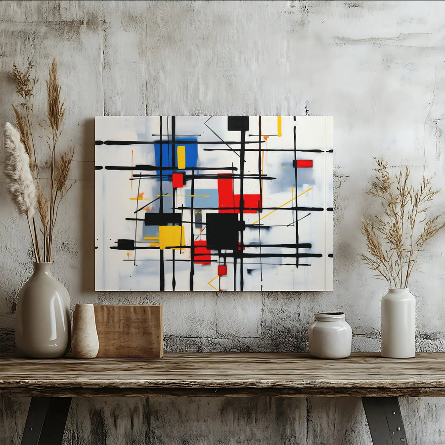 Abstract Geometric Canvas Wall Art | Mondrian Style Print with Primary Colors | Premium Fade-Resistant Print | Office & Living Room Decor Gift
