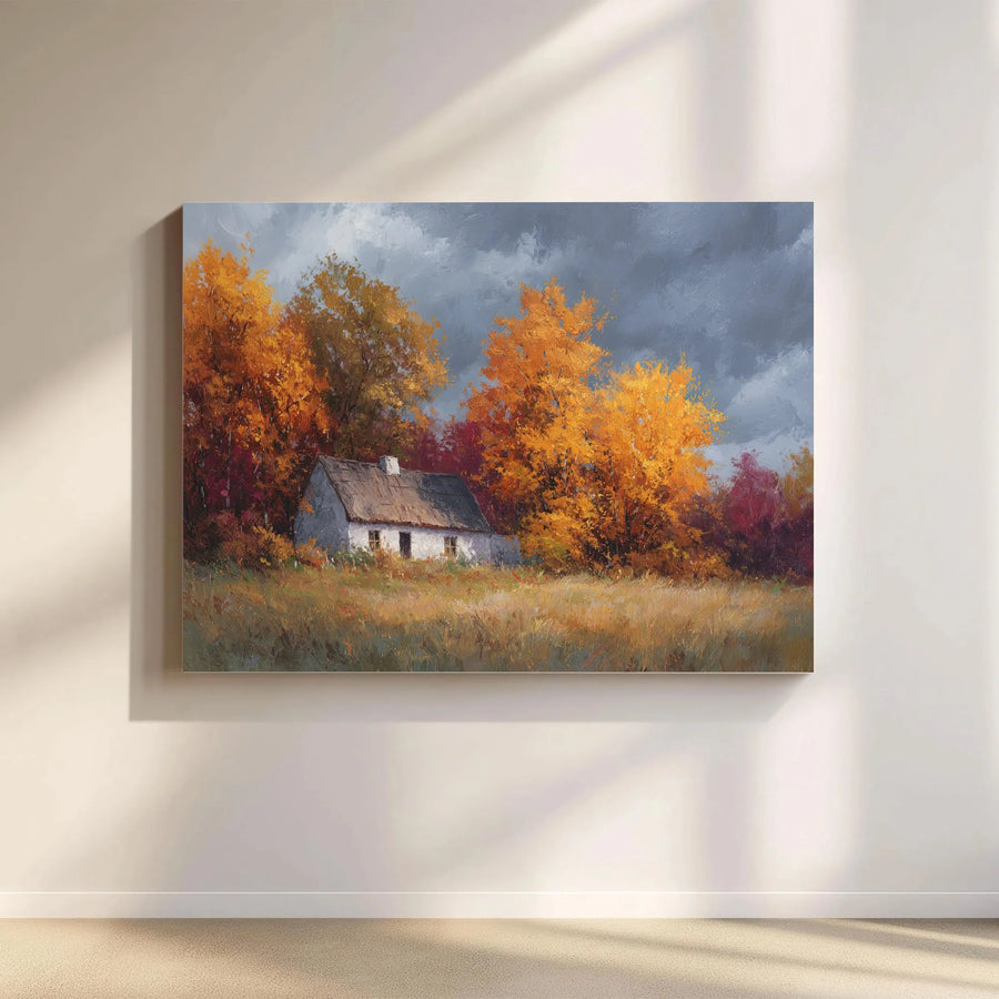 Autumn Landscape Horizontal Canvas | Cozy Rustic Cottage & Golden Fall Trees Art | Premium 1.25 Inch Gallery Wrap | Warm Farmhouse Wall Decor Gift
