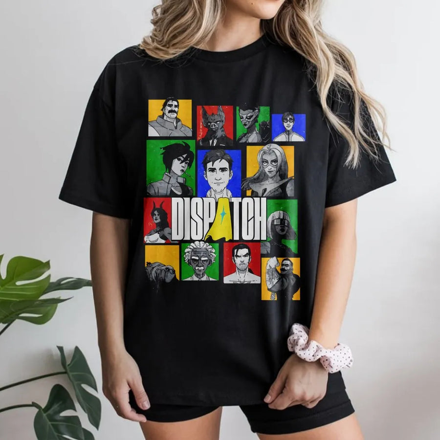 Dispatch Superhero Grid T-Shirt | Retro Anime Character Graphic Print | Premium 100% Cotton Apparel | Gaming Fan Gift for Men and Women