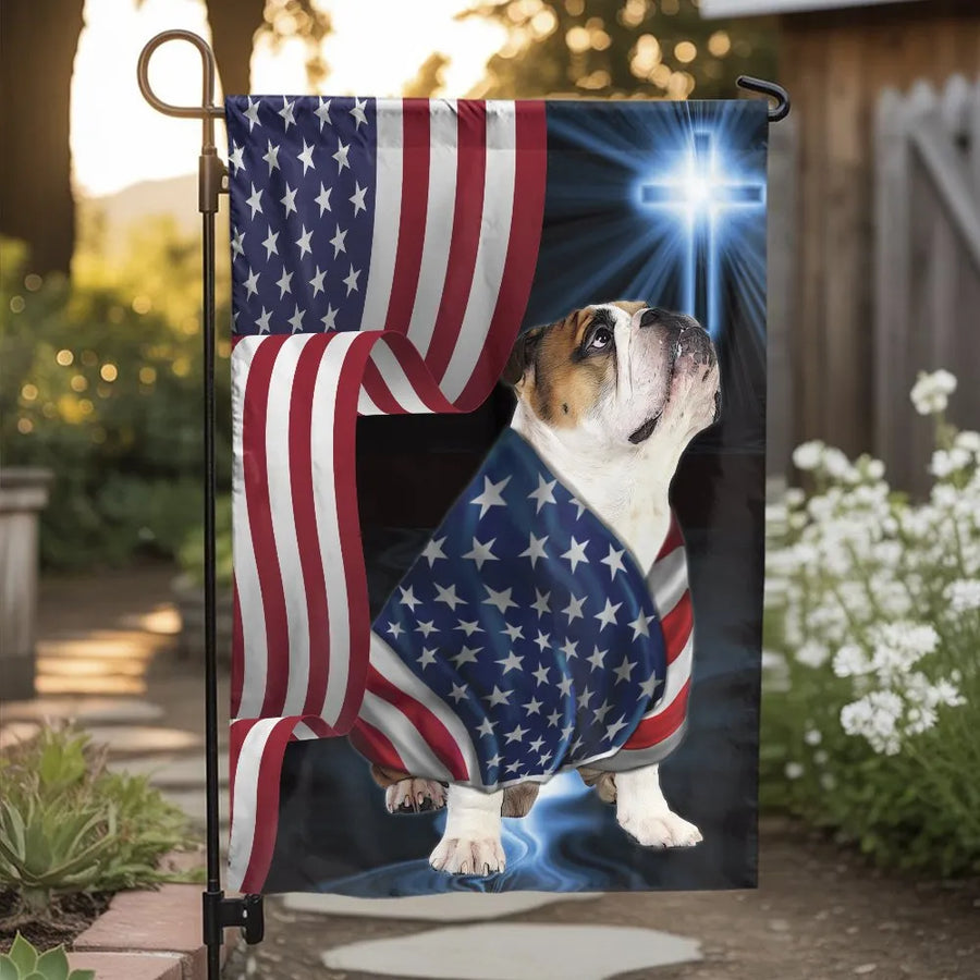 Patriotic Bulldog Garden Flag | Christian American Flag & Cross Design | Weatherproof Polyester Fabric | God and Country Yard Decor Gift