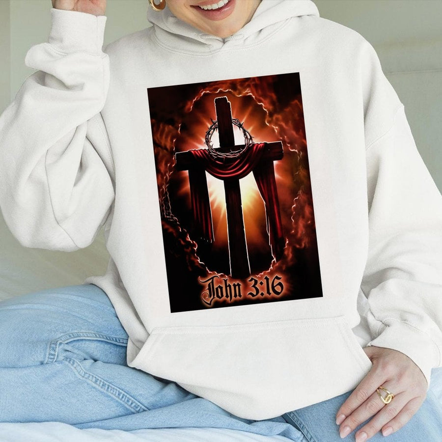 John 3:16 Cross Hoodie | Crown of Thorns Religious Graphic | Premium Cotton Blend | Christian Gift for Men and Women