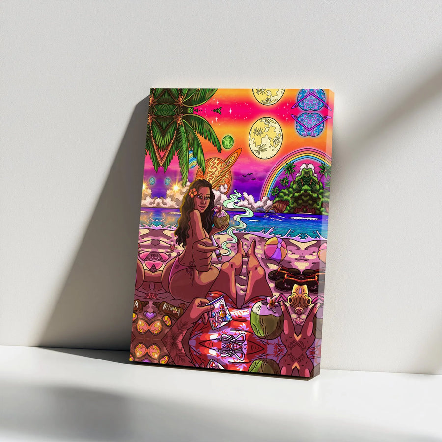 Psychedelic Stoner Art Canvas | Vibrant Cosmic Beach Illustration | Premium Gallery Wrapped Canvas | Trippy Room Decor Gift