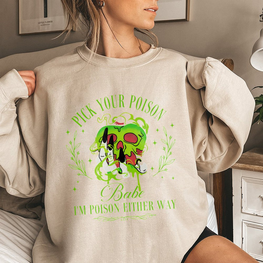 Pick Your Poison Sweatshirt | Gothic Apple Skull Graphic Design | Premium Cotton Blend Crewneck | Spooky Halloween Gift for Women