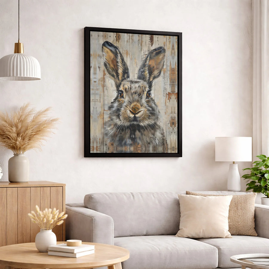 Rustic Hare Wall Art | Vintage Wood Plank Rabbit Portrait | Premium Canvas Print | Country Farmhouse Home Decor