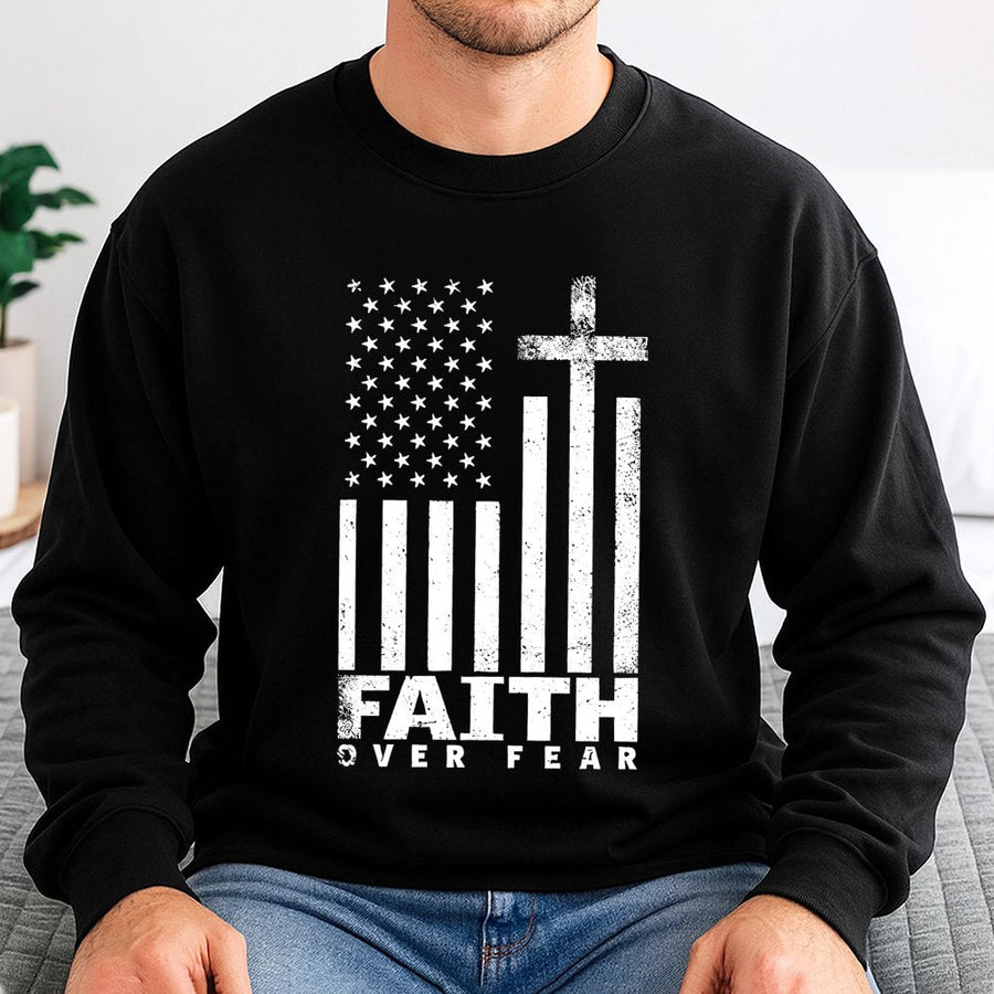 Faith Over Fear Sweatshirt | American Flag Cross Graphic | Premium Cotton Blend | Christian Patriot Gift for Men and Women