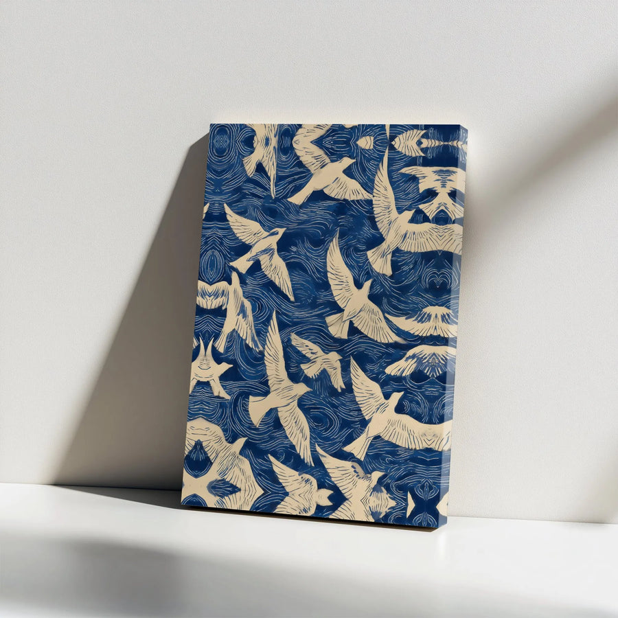 Abstract Birds Canvas Print | Woodblock Style Flock of Birds | Premium Gallery Wrapped Canvas | Modern Boho Living Room Decor Gift