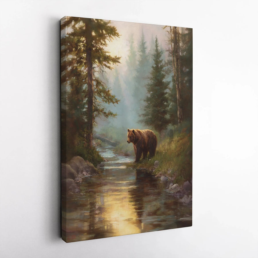 Grizzly Bear Canvas Wall Art | Misty Forest River Painting | Premium Gallery Wrapped Canvas | Rustic Cabin & Lodge Decor Gift