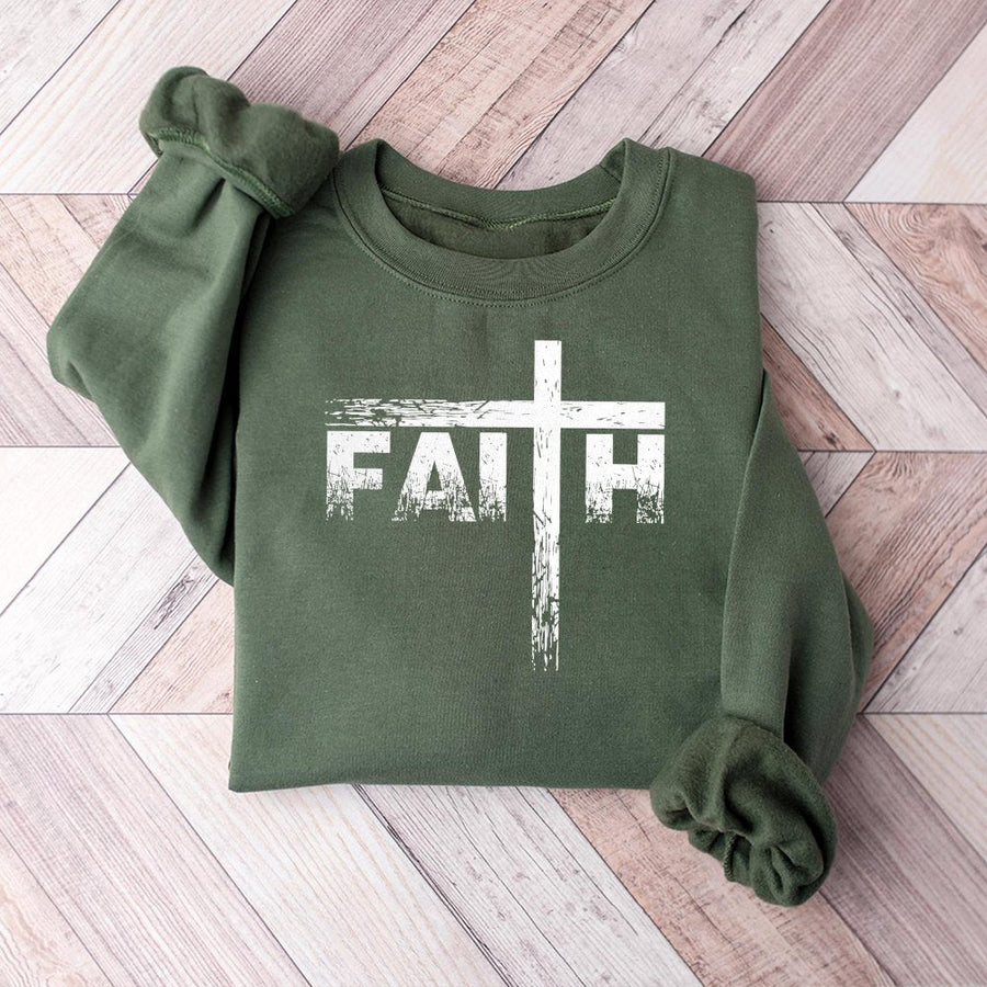 Faith Cross Graphic Sweatshirt | Distressed Religious Scripture Print | Premium Cotton-Blend Fleece | Inspirational Christian Gift for Women and Men