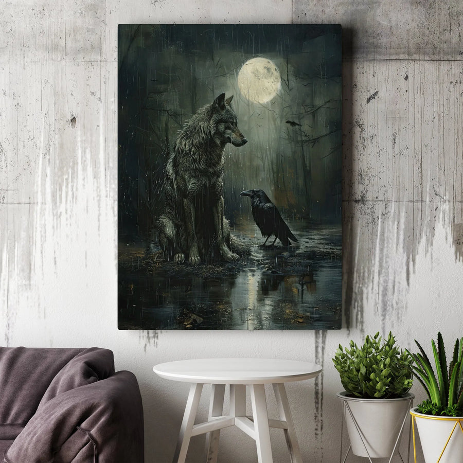 Wolf and Raven Canvas Wall Art | Moody Forest Full Moon Nature Print | Premium 1.25" Gallery Wrap | Gothic Home Decor & Wildlife Gift