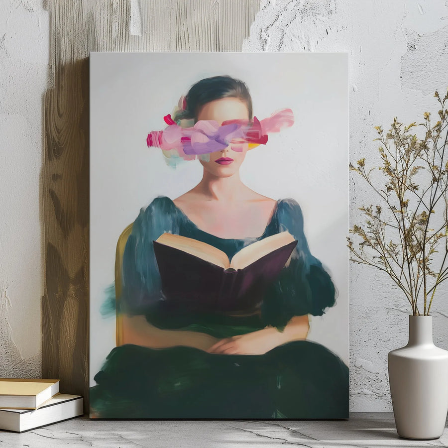 Abstract Woman Reading Canvas Print | Surreal Brushstroke Eyes Artwork | Premium Gallery Wrap Wall Art | Contemporary Decor For Book Lovers