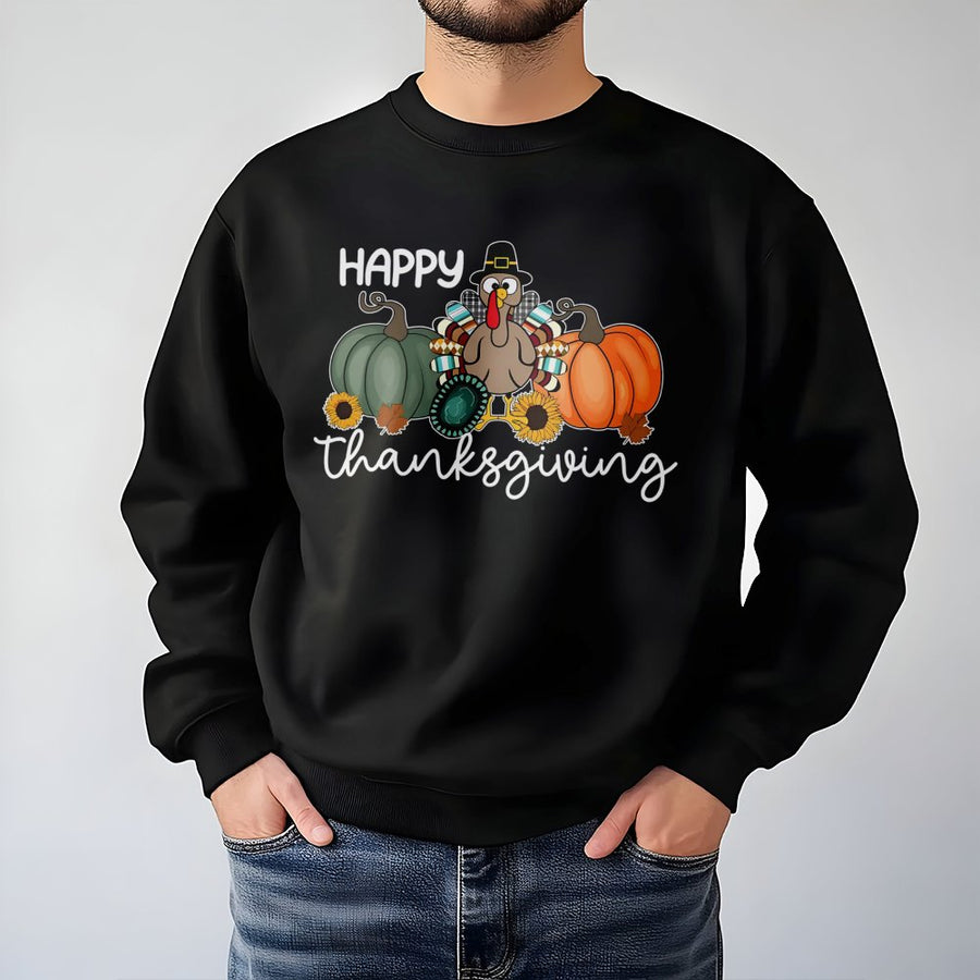 Happy Thanksgiving Sweatshirt | Cute Turkey Pumpkin Graphic Design | Soft Cotton Blend Fall Apparel | Cozy Holiday Gift for Women and Men