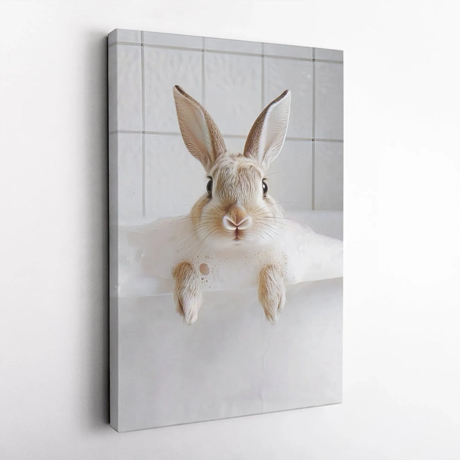 Cute Bunny In Bubble Bath Canvas Wall Art | Whimsical Animal Bathroom Decor | 1.25 Inch Gallery Wrap | Charming Gift for Animal Lovers