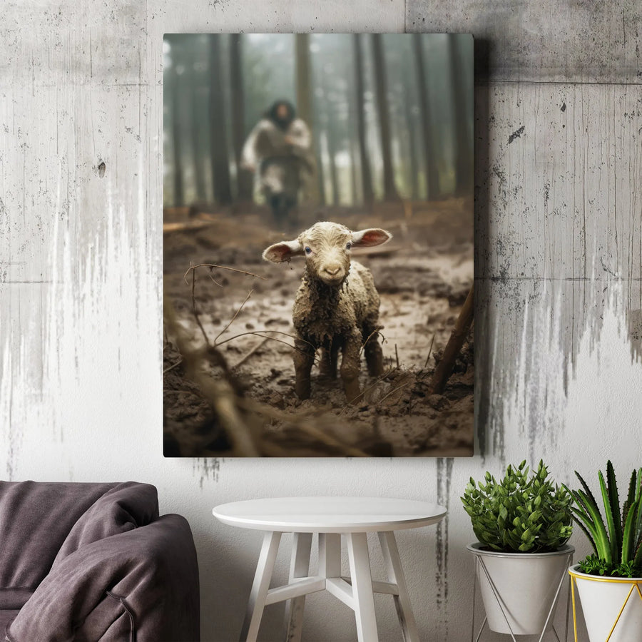 Lost Lamb Canvas Wall Art | Muddy Farm Animal Forest Scene | Premium 1.25 Inch Gallery Wrap | Rustic Country Home Decor Gift