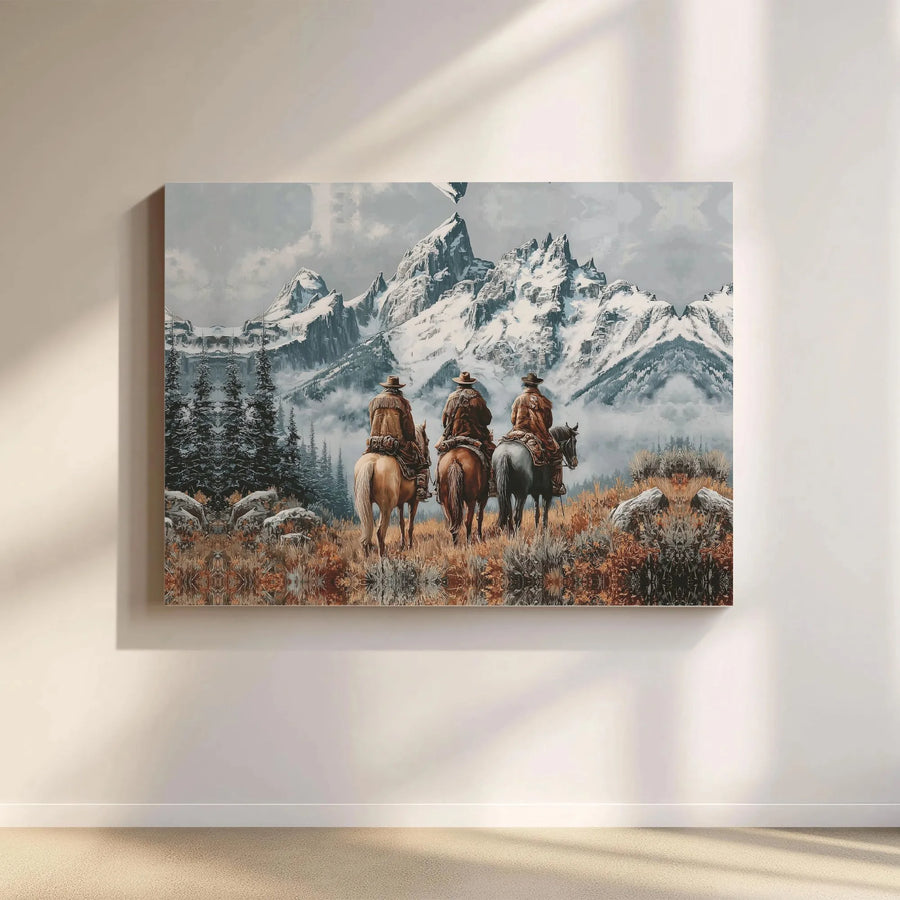 Western Cowboy Wall Art | Three Horsemen Snowy Mountains Print | Premium Gallery Wrapped Canvas | Rustic Home Decor Gift for Him