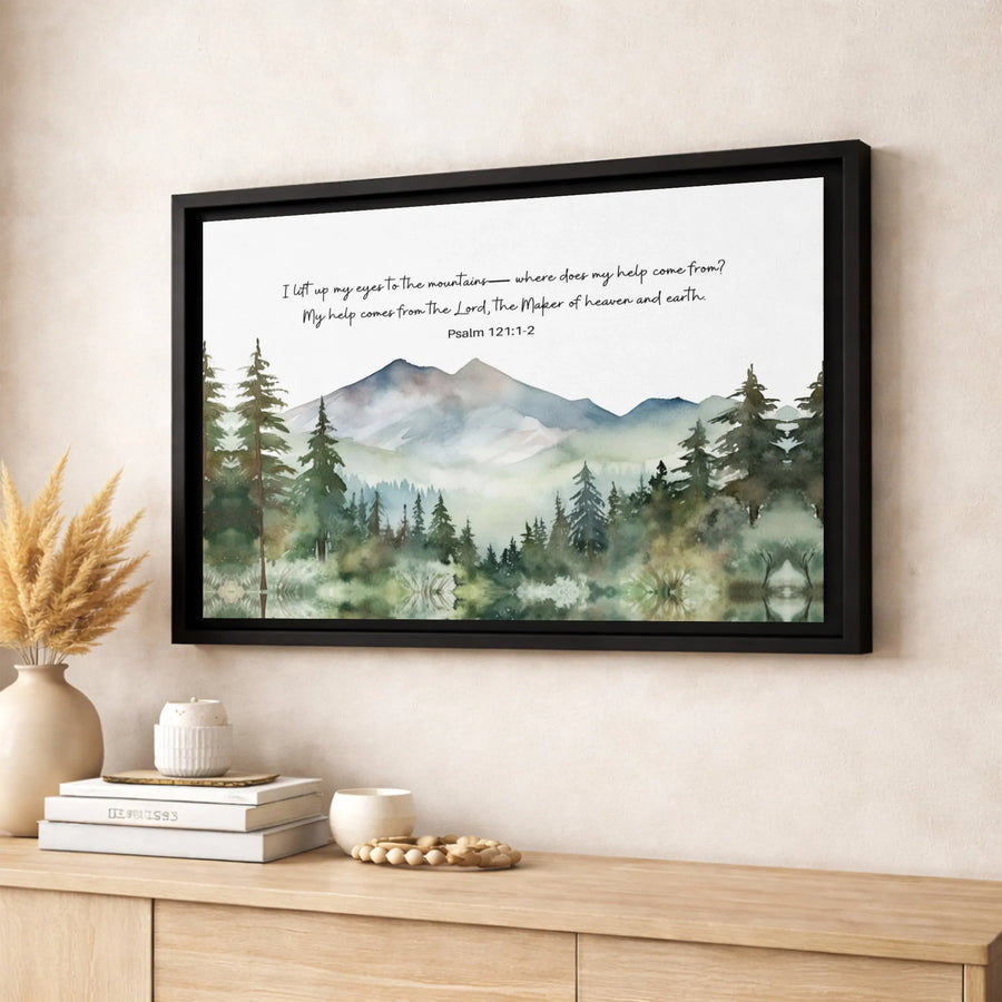 Psalm 121:1-2 Canvas Wall Art | Watercolor Mountain Landscape Print | Premium 1.25" Gallery Wrap | Christian Home Decor Gift