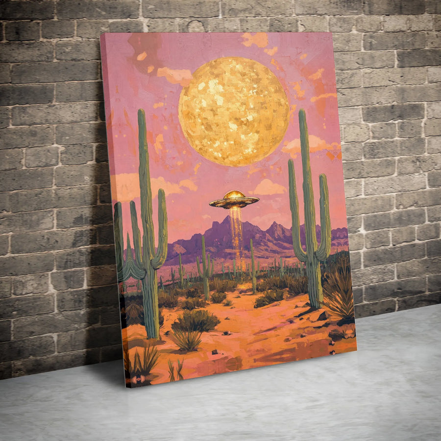 UFO Desert Canvas Wall Art | Retro Sci-Fi Arizona Desert Scene | Premium Frameless Print | Unique Gift for Sci-Fi Fans