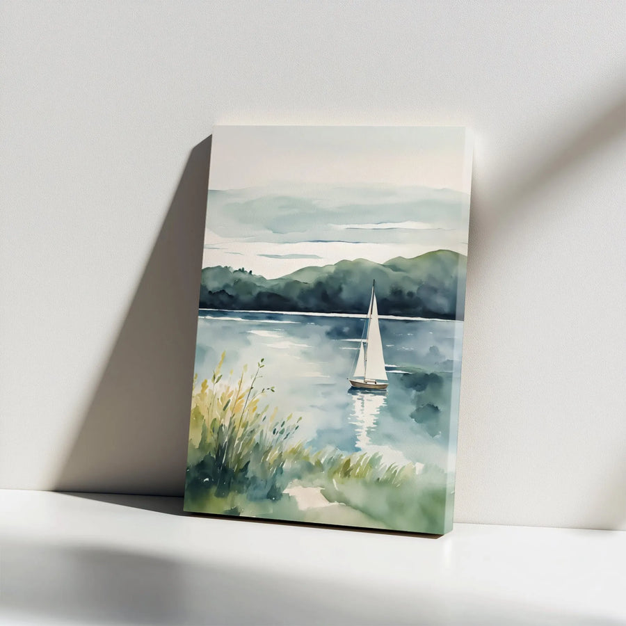Watercolor Sailboat Canvas Print | Serene Lake Landscape Art | Premium Gallery Wrap Wall Decor | Coastal Nautical Home Office Gift