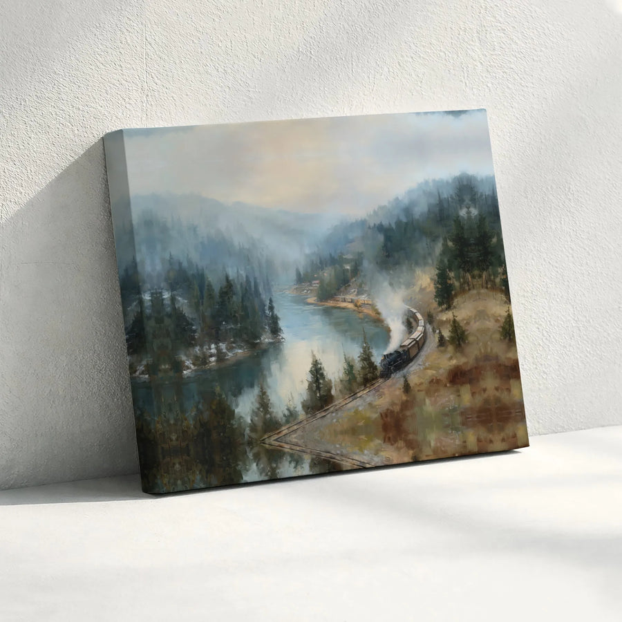 Steam Train Wall Art | Misty Mountain River Forest Canvas | Premium Gallery Wrapped Print | Vintage Landscape Decor for Home or Office