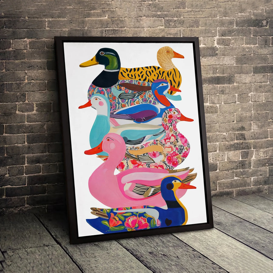 Colorful Duck Stack Canvas Art | Whimsical Floral Duck Wall Decor | 1.25 Inch Premium Gallery Wrap | Unique Wildlife Nursery or Living Room Gift