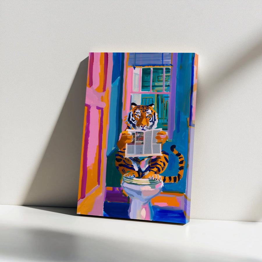 Tiger Reading Newspaper On Toilet Canvas Wall Art | Colorful Pop Art Bathroom Decor | Premium Gallery Wrap Print | Funny Animal Home Gift
